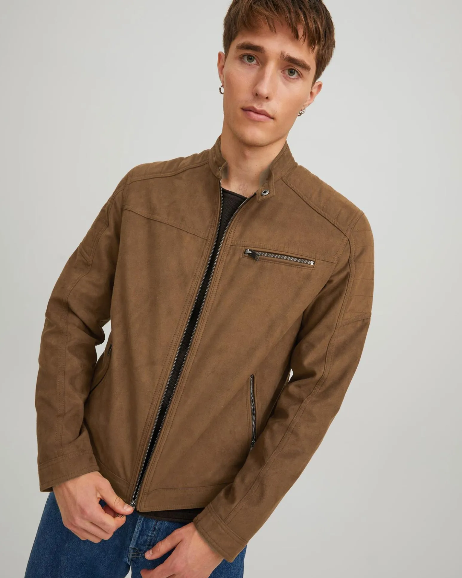 JACK&JONES - GIUBBINO BIKER SCAMOSCIATO COGNAC DA UOMO