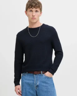 JACK&JONES - PULLOVER GIROCOLLO BLU SCURO DA UOMO A COSTINE ORIZZONTALI