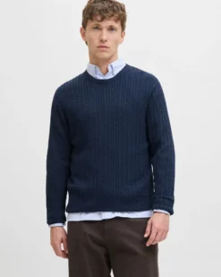 JACK&JONES - PULLOVER GIROCOLLO BLU DA UOMO CON CON TRECCINA