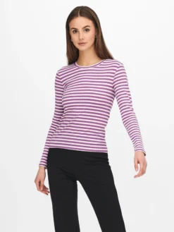 JACQUELINE de YONG - T-SHIRT MANICA LUNGA A RIGHE FUXIA E BIANCHE