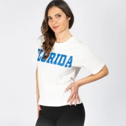 JACQUELINE de YONG - T-SHIRT MANICA CORTA BIANCA IN COTONE CON SCRITTA FLORIDA