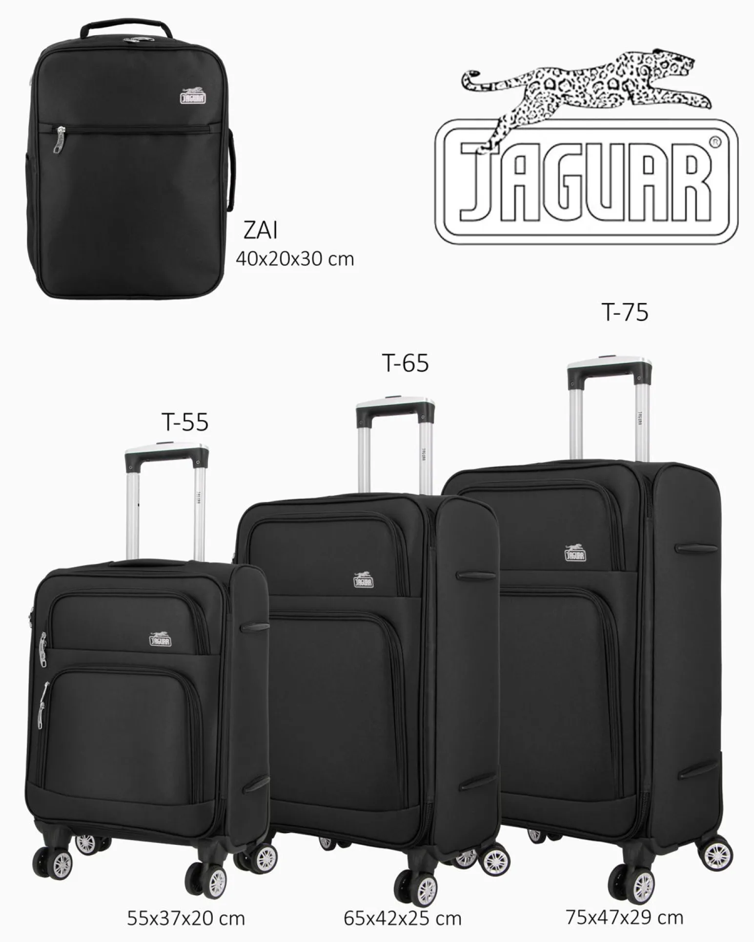 JAGUAR - TROLLEY NERO IN TESSUTO CON DOPPIA TASCA FRONTALE, COMBINAZIONE TSA E 4 RUOTE