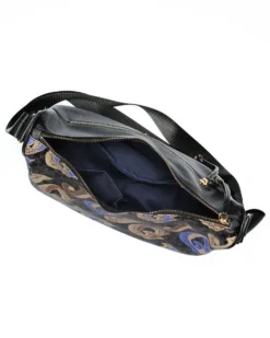 JUST GOLF - Borsa tracolla mezzaluna nera double face con stampa logo lilla