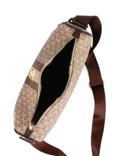 JUST GOLF - Tracolla mezzaluna taupe con logo metallico frontale e pennacchio a frange multicolor