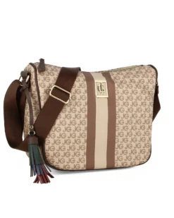 JUST GOLF - Tracolla mezzaluna taupe con logo metallico frontale e pennacchio a frange multicolor