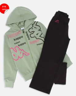 KAPPA - COMPLETO TUTA RAGAZZE CON FELPA VERDE FULL ZIP CON CAPPUCCIO