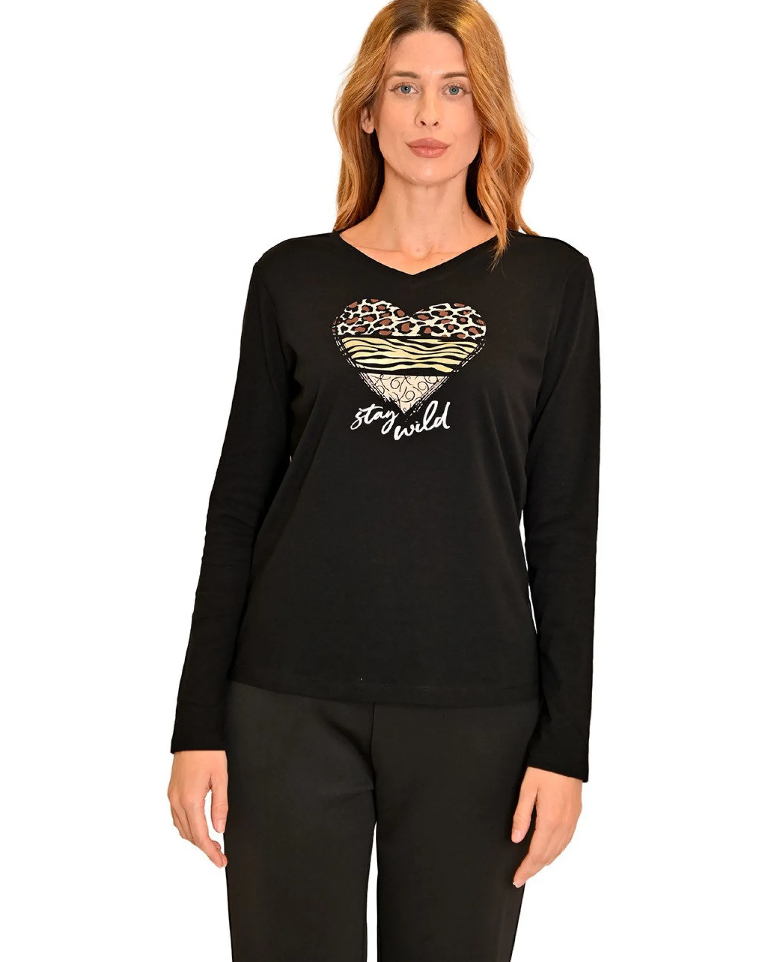 KEY UP - MAGLIA MANICA LUNGA DONNA NERA HEART STAY WILD - 5S421/0002