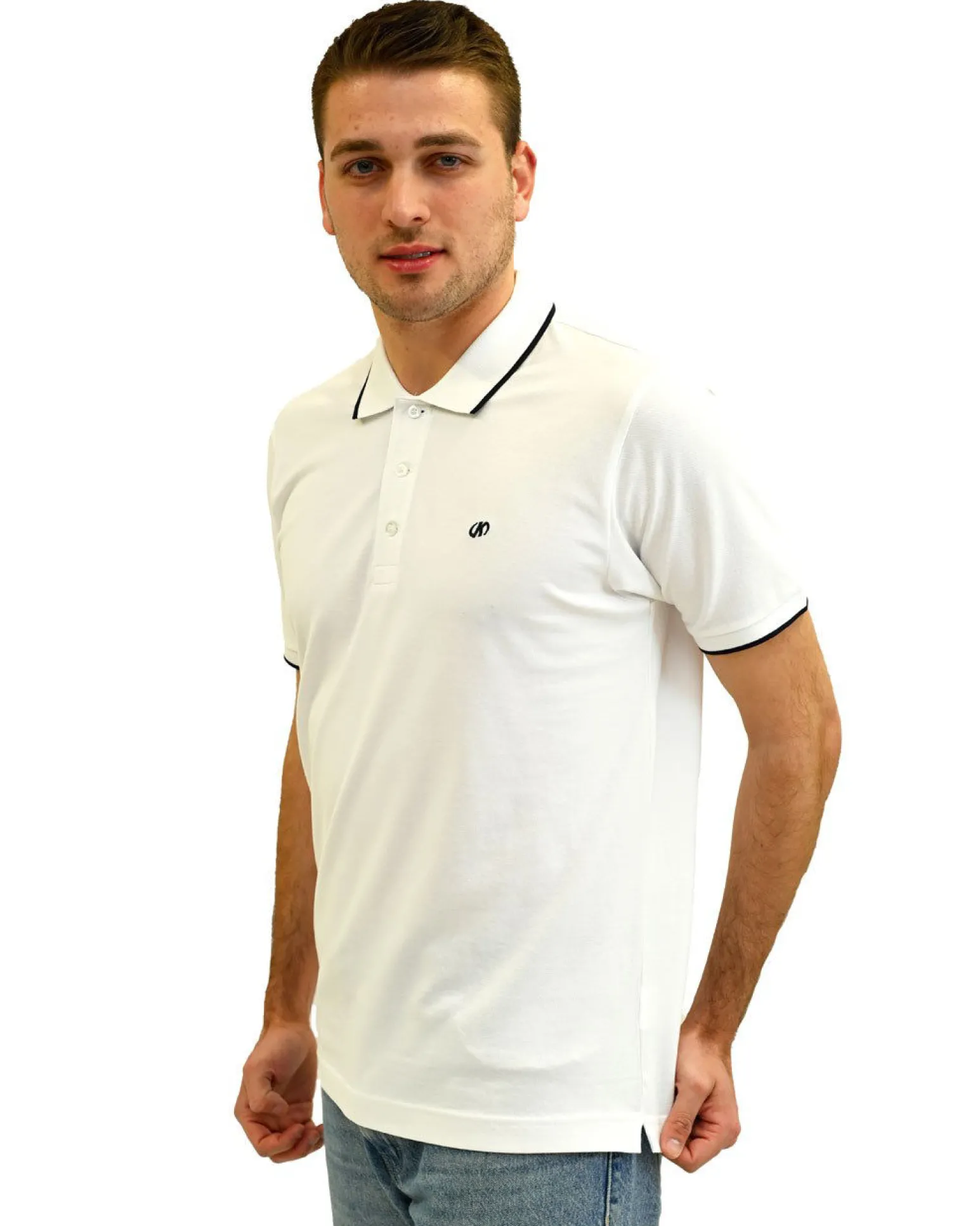 KEY UP - POLO MEZZA MANICA UOMO IN PIQUET BIANCA CON RIGHINO NERO - 2Q711/0001