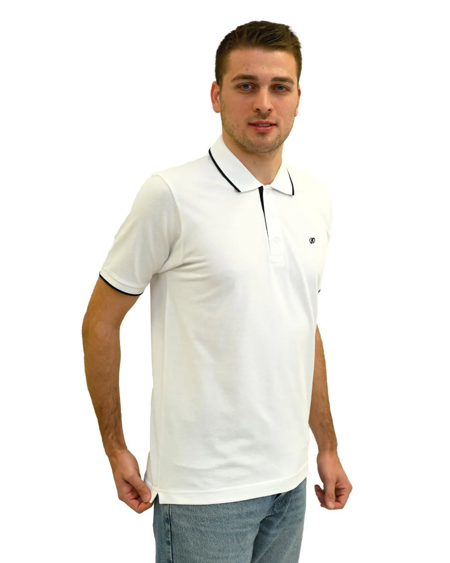 KEY UP - POLO MEZZA MANICA UOMO IN PIQUET BIANCA CON RIGHINO NERO - 2Q711/0001