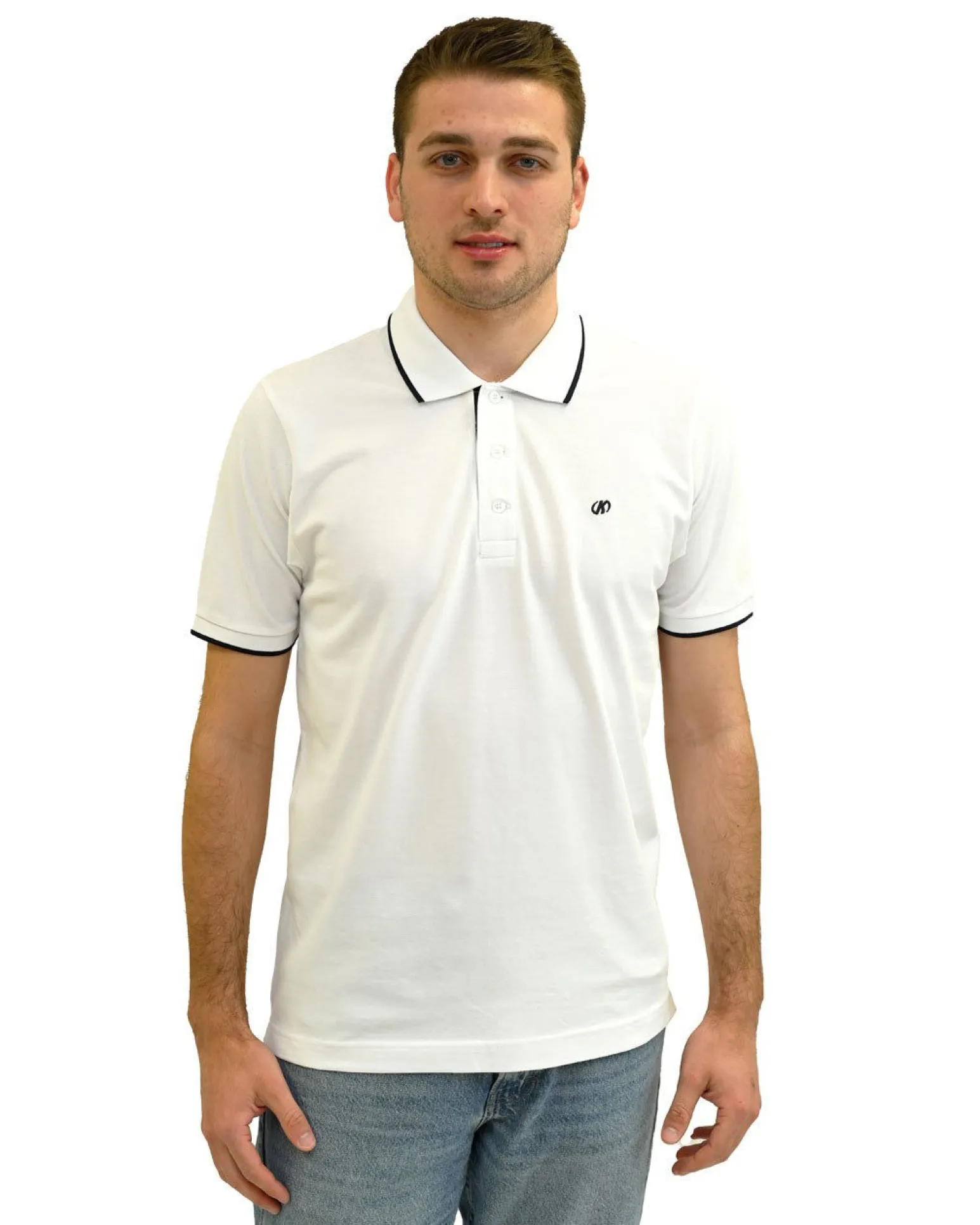 KEY UP - POLO MEZZA MANICA UOMO IN PIQUET BIANCA CON RIGHINO NERO - 2Q711/0001