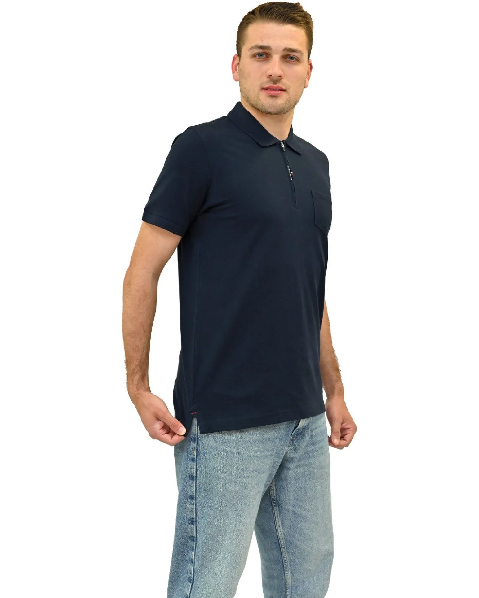 KEY UP - POLO MEZZA MANICA UOMO IN PIQUET BLU MEZZA ZIP CON TASCHINO - 2Q515/1245