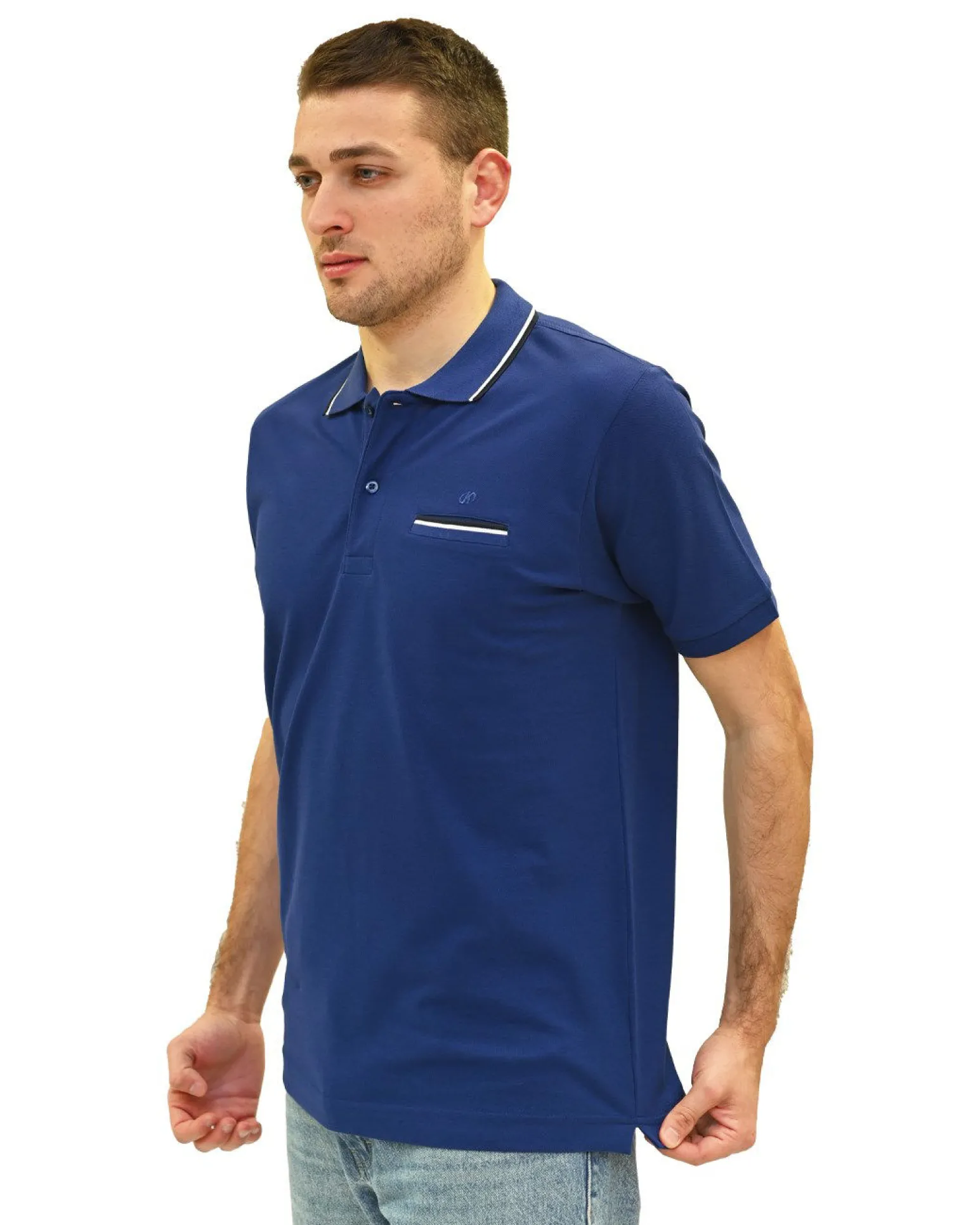 KEY UP - POLO MEZZA MANICA UOMO IN PIQUET BLU CON RIGHINO BIANCO E BLU SCURO - 2Q827/3135