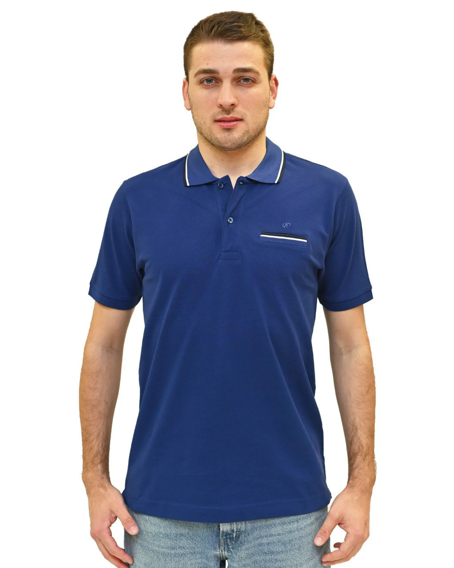 KEY UP - POLO MEZZA MANICA UOMO IN PIQUET BLU CON RIGHINO BIANCO E BLU SCURO - 2Q827/3135
