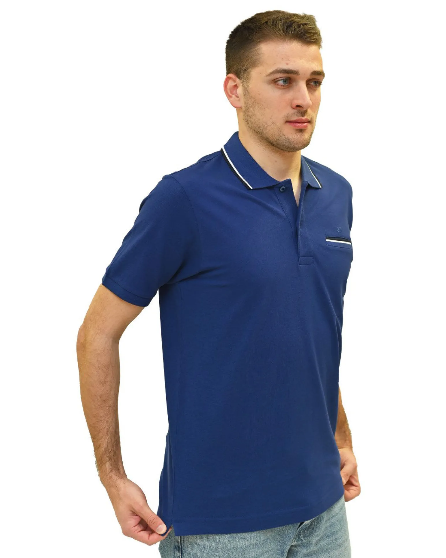 KEY UP - POLO MEZZA MANICA UOMO IN PIQUET BLU CON RIGHINO BIANCO E BLU SCURO - 2Q827/3135