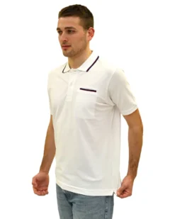 KEY UP - POLO MEZZA MANICA UOMO IN PIQUET BIANCA CON RIGHINO ROSSO E BLU - 2Q827/0001
