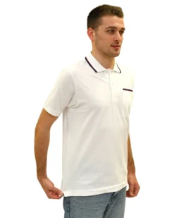 KEY UP - POLO MEZZA MANICA UOMO IN PIQUET BIANCA CON RIGHINO ROSSO E BLU - 2Q827/0001