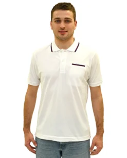KEY UP - POLO MEZZA MANICA UOMO IN PIQUET BIANCA CON RIGHINO ROSSO E BLU - 2Q827/0001