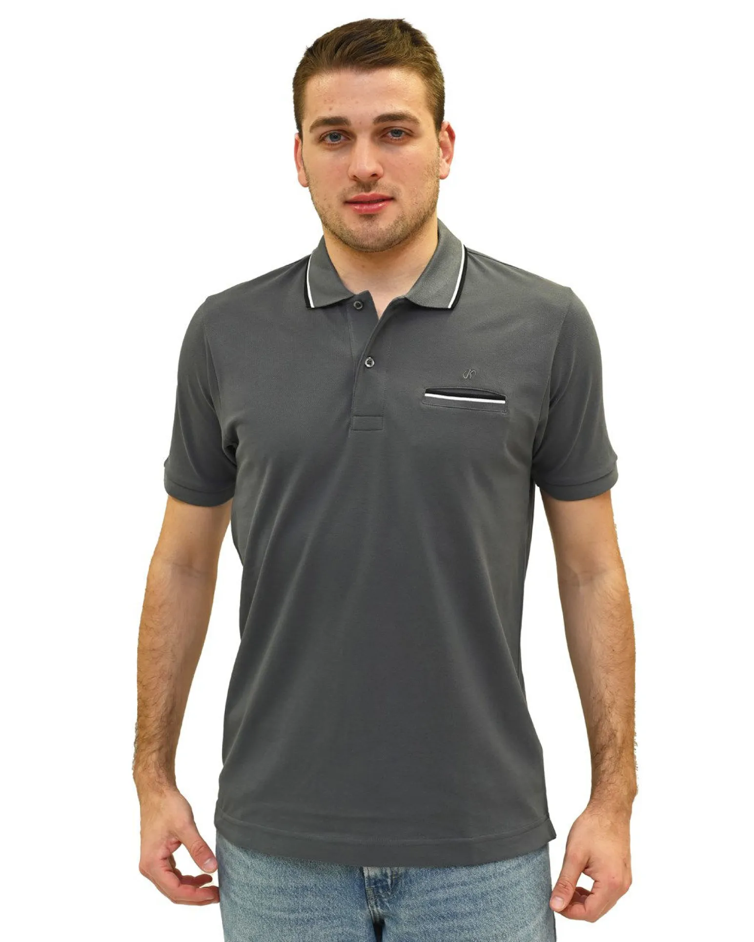 KEY UP - POLO MEZZA MANICA UOMO IN PIQUET GRIGIA CON RIGHINO BIANCO E NERO - 2Q827/1416