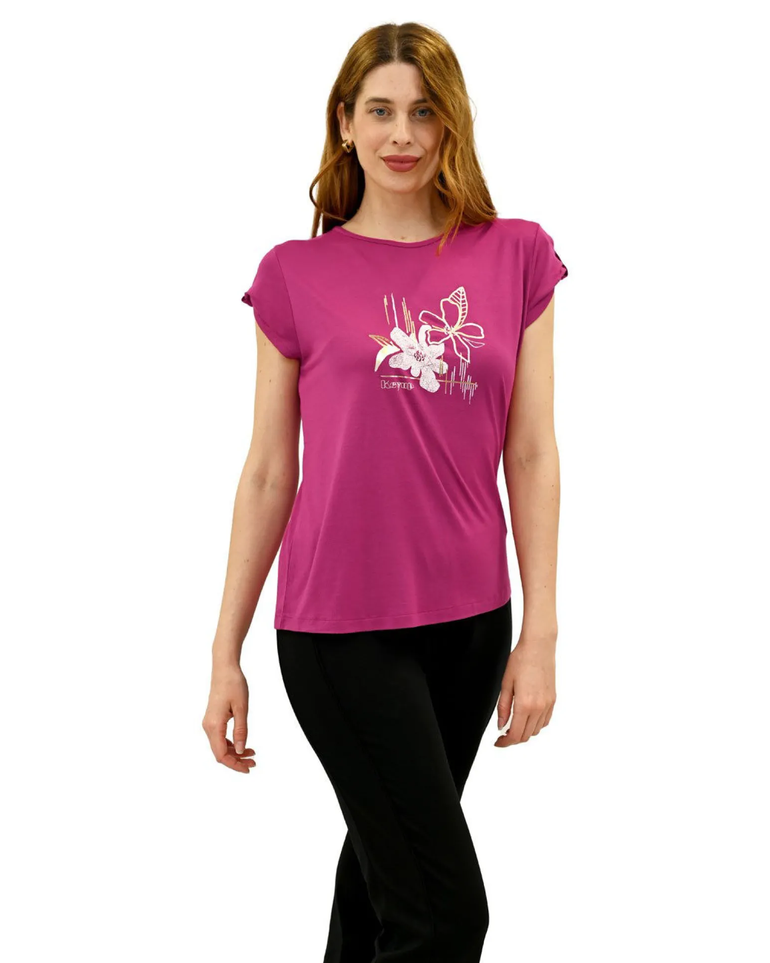 KEY UP - T-SHIRT MEZZA MANICA DONNA FUXIA CON STAMPA FRONTALE- 5S854/5511