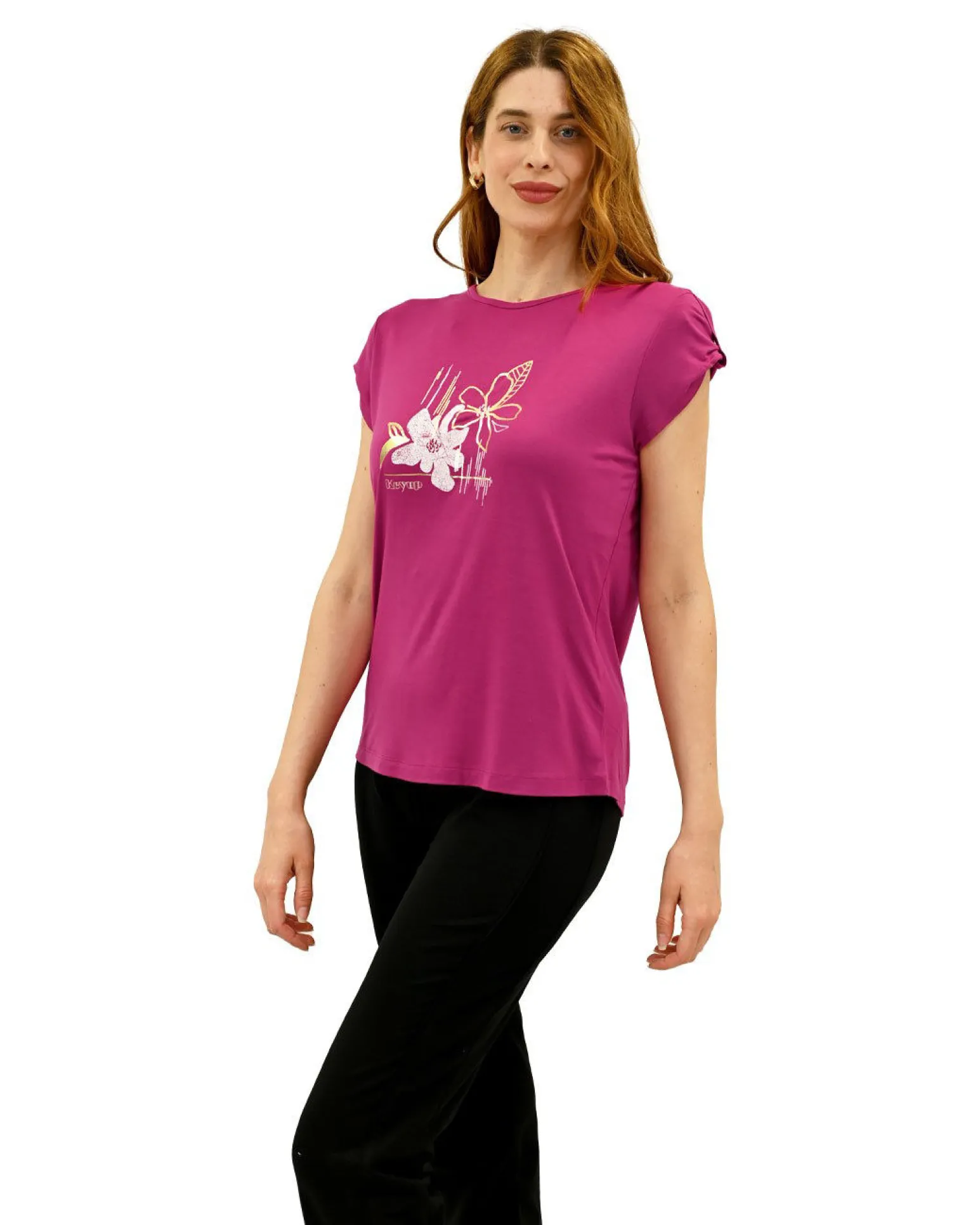 KEY UP - T-SHIRT MEZZA MANICA DONNA FUXIA CON STAMPA FRONTALE- 5S854/5511