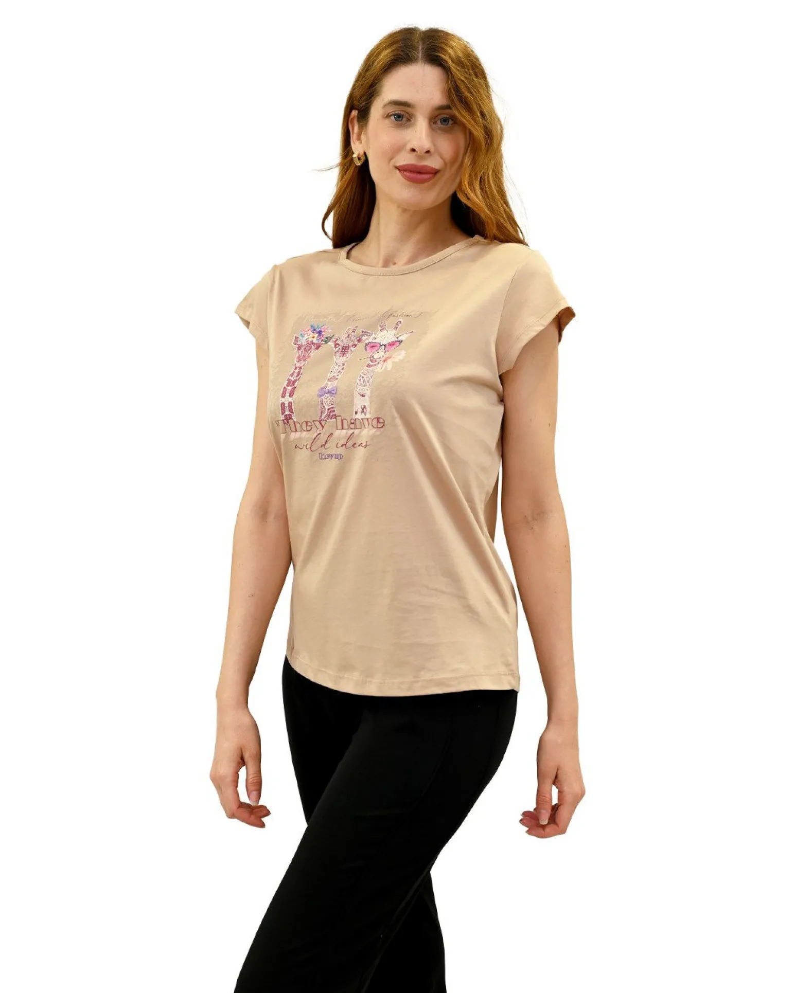 KEY UP - T-SHIRT MEZZA MANICA DONNA BEIGE CON STAMPA FRONTALE- 5S886/3468