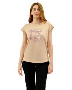 KEY UP - T-SHIRT MEZZA MANICA DONNA BEIGE CON STAMPA FRONTALE- 5S886/3468