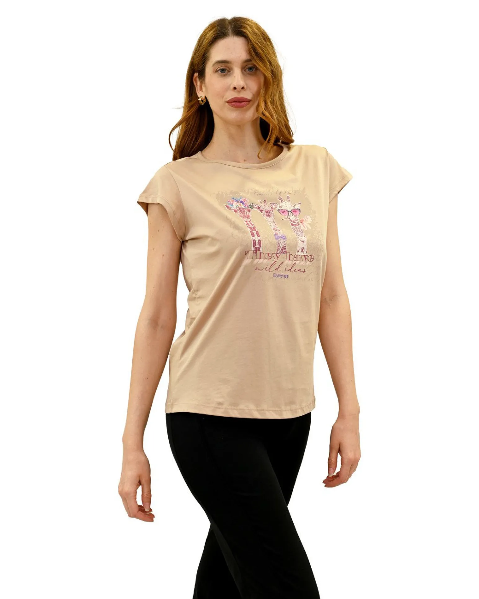 KEY UP - T-SHIRT MEZZA MANICA DONNA BEIGE CON STAMPA FRONTALE- 5S886/3468