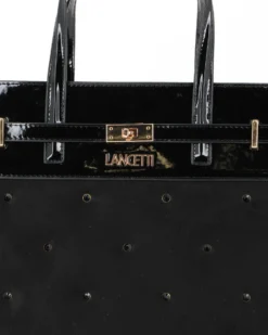 LANCETTI - Borsa a due manici nera con parte frontale scamosciata e dettagli strass, tracolla removibile