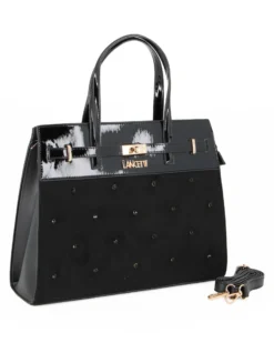 LANCETTI - Borsa a due manici nera con parte frontale scamosciata e dettagli strass, tracolla removibile