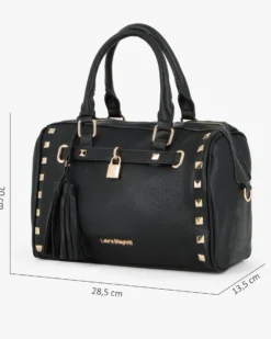 LAURA BIAGIOTTI - Bauletto nero con borchie, pennacchi con frange e cinturino con lucchetto, tracolla removibile