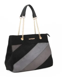 LAURA BIAGIOTTI - Borsa a due manici scamosciata nera con disegno frontale grigio