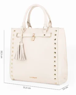 LAURA BIAGIOTTI - Borsa due manici naturale con borchie, pennacchi con frange e cinturino con lucchetto, tracolla removibile