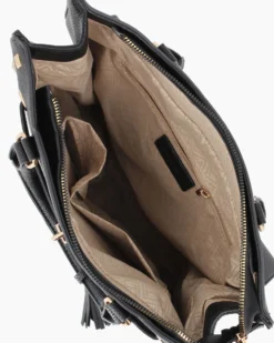 LAURA BIAGIOTTI - Borsa due manici nera con borchie, pennacchi con frange e cinturino con lucchetto, tracolla removibile