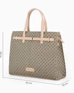 LAURA BIAGIOTTI - Borsa due manici beige loggata con dettaglio cinturino frontale con girello, tracolla removibile