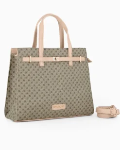 LAURA BIAGIOTTI - Borsa due manici beige loggata con dettaglio cinturino frontale con girello, tracolla removibile