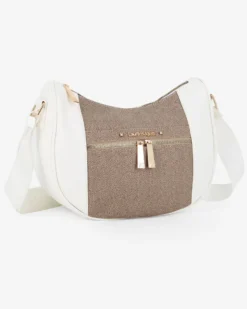 LAURA BIAGIOTTI - Borsa mezzaluna bianca con tasca frontale e posteriore e inserto centrale tortora