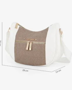 LAURA BIAGIOTTI - Borsa mezzaluna bianca con tasca frontale e posteriore e inserto centrale tortora