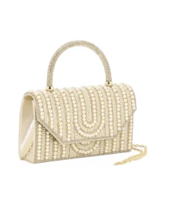 MISS GLOBO - Borsa pochette oro rivestita di perle e manico di strass per cerimonie