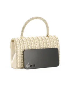 MISS GLOBO - Borsa pochette oro rivestita di perle e manico di strass per cerimonie