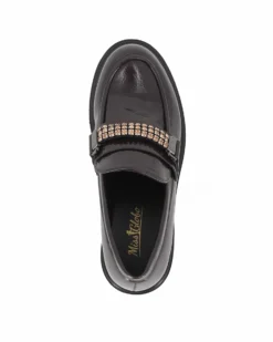 MISS GLOBO - Mocassino marrone effetto vernice con morsetto in strass, tacco 5CM
