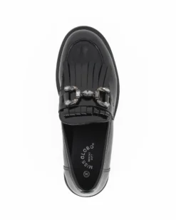 MISS GLOBO - Mocassino nero effetto vernice con morsetto gioiello e frange, sottopiede in memory soft