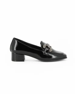 MISS GLOBO - Mocassino nero effetto vernice con sottopiede in memory soft e morsetto con strass, tacco 3,5CM
