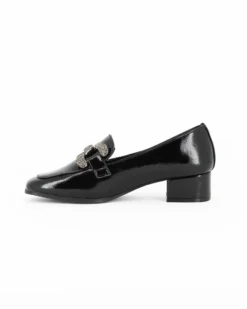 MISS GLOBO - Mocassino nero effetto vernice con sottopiede in memory soft e morsetto con strass, tacco 3,5CM