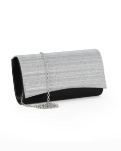 MISS GLOBO - Pochette in raso nera con patta glitter argento effetto plissettato, tracolla removibile