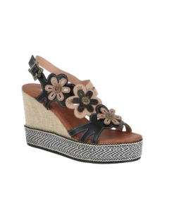 MISS GLOBO - Sandalo beige e nero con fiori, zeppa 9CM