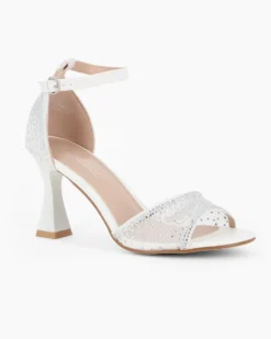 MISS GLOBO - Sandalo bianco con strass e cinturino alla caviglia, tacco 8CM