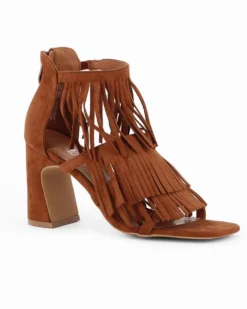 MISS GLOBO - Sandalo camel scamosciato con frange, zip posteriore e punta quadrata, tacco 8,5CM