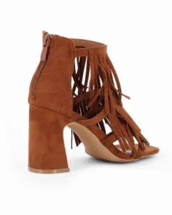 MISS GLOBO - Sandalo camel scamosciato con frange, zip posteriore e punta quadrata, tacco 8,5CM