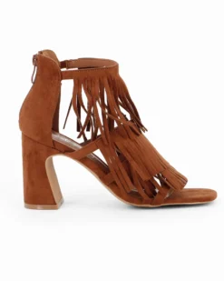 MISS GLOBO - Sandalo camel scamosciato con frange, zip posteriore e punta quadrata, tacco 8,5CM