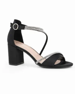 MISS GLOBO - Sandalo nero in raso con cinturini in strass, tacco 7CM